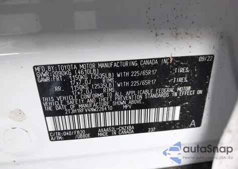 2022 Toyota Rav4 Le из США, поврежденный, VIN 2T3H1RFV4NW226410